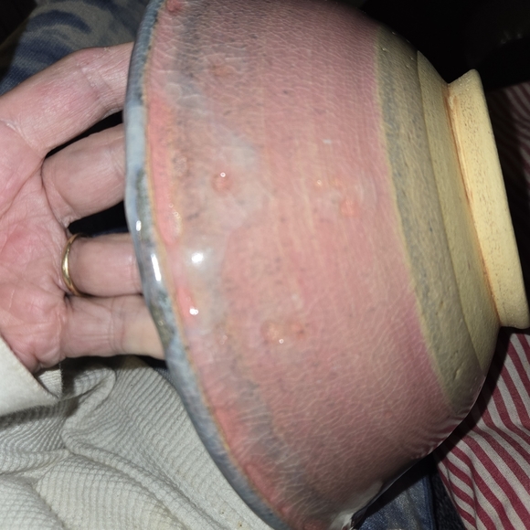 Hand Thrown Studio Art Pottery Bowl in Pink, Blue, & Tan, 8" x 3.5" Tall - Picture 6 of 12
